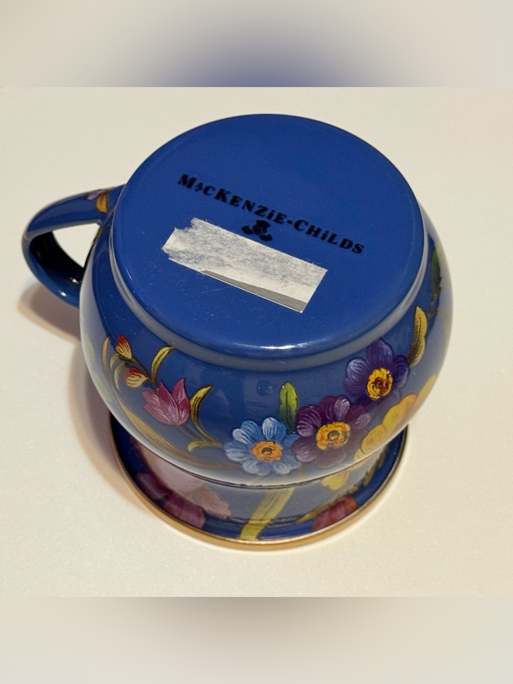 MacKenzie Childs Blue Lapis Flower Market Enamel 16 oz Mug Coffee Tea Gold Rim - Picture 3 of 6